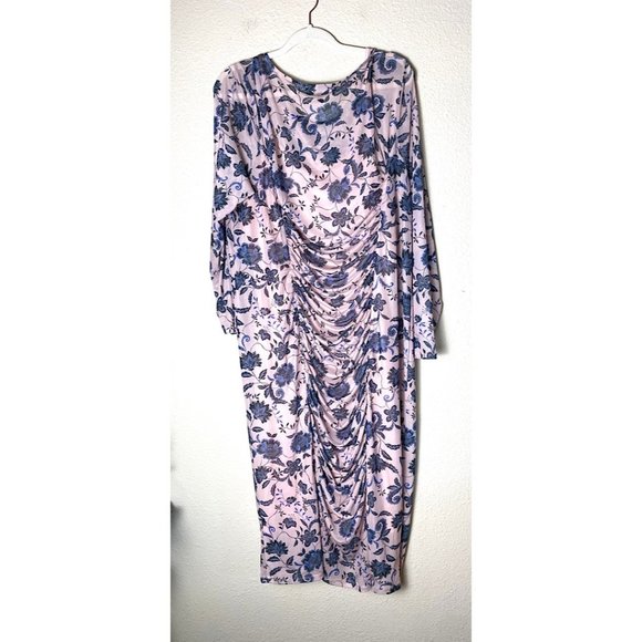 Eloquii Ruched Bodycon Floral Print Long Sleeve Stretch Midi Slit Dress Blush Pi - Picture 6 of 9